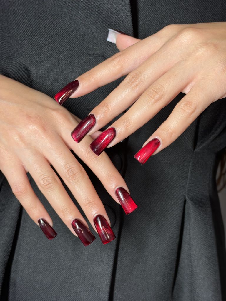 Stunning red cat eye nail art by MB Nails